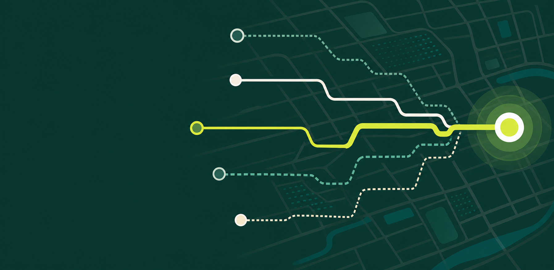 Connected routes converging toward one destination